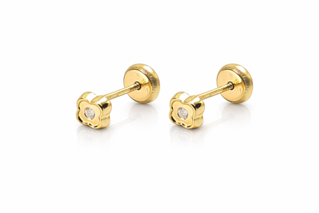 Bijuterii din aur - Cercei copii din aur 14K – Floricică cu cristal, închidere filet (0+), 4 mm