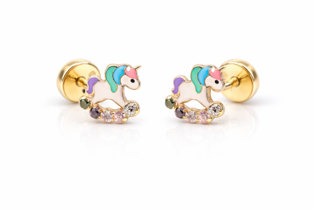 Bijuterii Fetite - Cercei copii din aur 9K – Unicorn colorat cu pietre, închidere filet (0+)