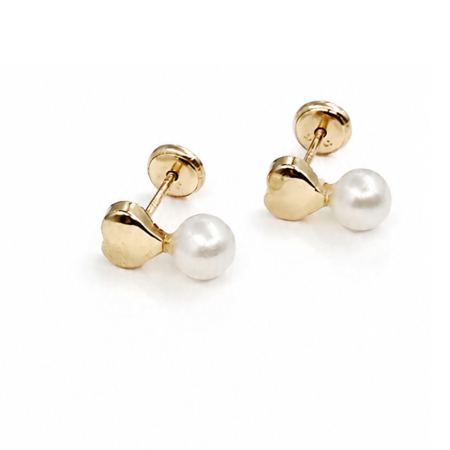 Bijuterii Fetite - Cercei copii cu Perlă și Inimioară din Aur 14K – 7,5 x 5 mm