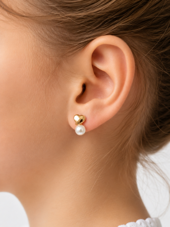 Cercei copii cu Perlă și Inimioară din Aur 14K – 7,5 x 5 mm [1]