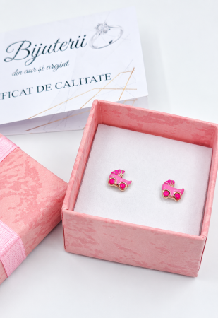 Cercei copii din aur 14K – Cărucior roz, 0+ închidere cu filet, 0.5 cm [2]
