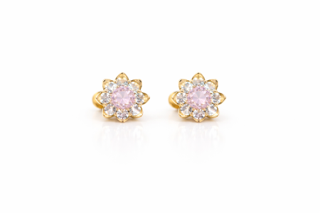 Bijuterii din aur - Cercei copii din aur 18K – Floare cu cristal roz și zirconii, închidere filet (0+)