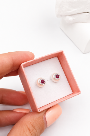 Cercei copii „Perla si Rubin” din Aur 14K – 8 mm, cu Șurub și Protecție [3]