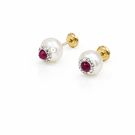 Bijuterii Fetite - Cercei copii „Perla si Rubin” din Aur 14K – 8 mm, cu Șurub și Protecție