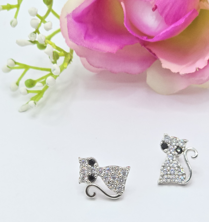 Cercei din argint - Cercei cu Pisicute din Argint 925 cu Zirconia – 3.14 g, 1.7 cm