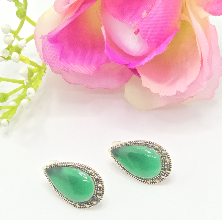 Cercei din argint - Cercei din Argint 925 cu Onix Verde , Culoare Verde – 3.97 g, 2 cm