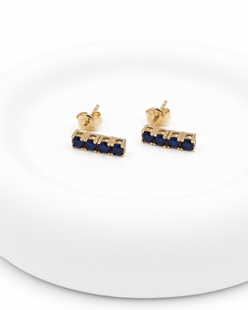 Cercei din Aur Galben 14K cu Zirconii Albastre – Model Bară, Închidere cu Șurub, 1,3 cm [2]
