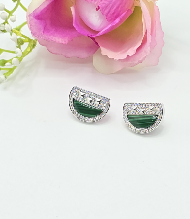 Cercei din argint - Cercei eleganti din Argint 925 cu insertie  Malachit– 6.13 g, 1.80 cm