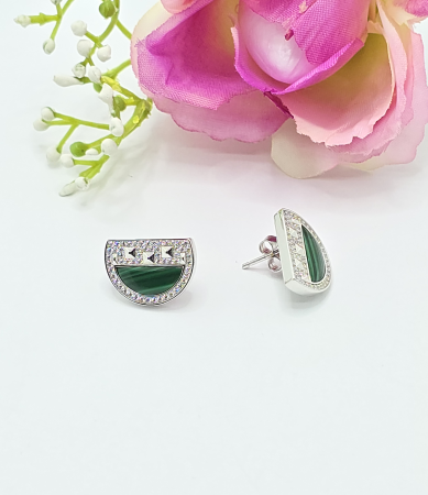 Cercei eleganti din Argint 925 cu insertie  Malachit– 6.13 g, 1.80 cm [1]
