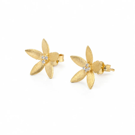 Cercei din Aur - Cercei Floare din Aur Galben 14K cu Zirconii