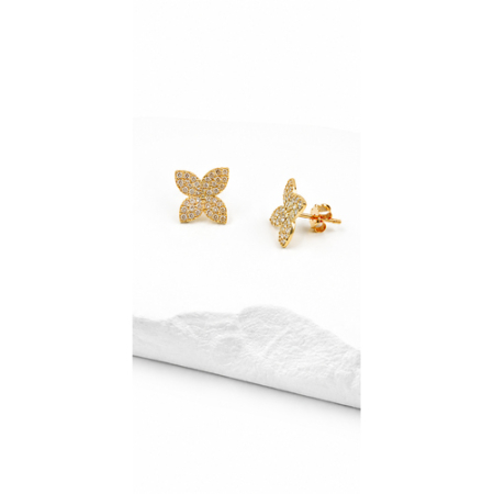 Cercei din Aur - Cercei Floare din Aur Galben 14K cu Zirconii – Închidere cu Șurub
