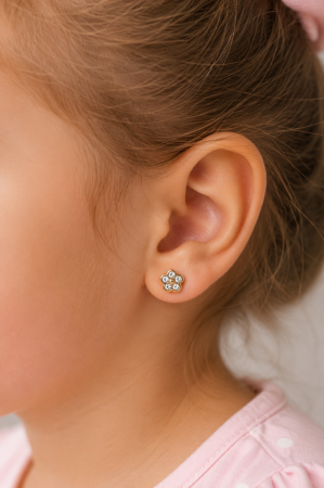 Cercei copii „Floare Strălucitoare 5 pietre” din Aur 14K – 6 mm, cu Șurub și Protecție [3]
