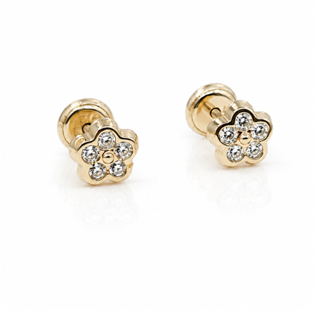 Bijuterii Fetite - Cercei copii „Floare Strălucitoare 5 pietre” din Aur 14K – 6 mm, cu Șurub și Protecție