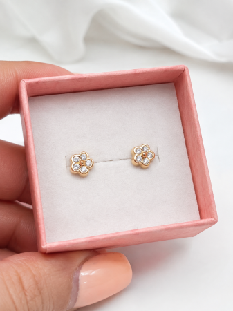 Cercei copii „Floare Strălucitoare 5 pietre” din Aur 14K – 6 mm, cu Șurub și Protecție [1]