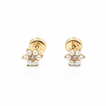 Bijuterii Fetite - Cercei copii „Floarea Perlată” din Aur 14K – 6 mm, cu Șurub și Protecție