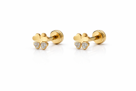 Bijuterii Fetite - Cercei in forma de Trifoi din Aur galben 18 kt si Cristale Zirconia