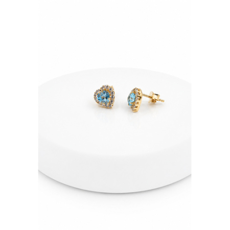 Cercei din Aur - Cercei Inimă din Aur Galben 14K cu Zirconii Bleu și Albe – Închidere cu Șurub