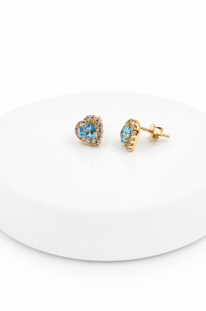 Cercei din Aur - Cercei Inimă din Aur Galben 14K cu Zirconii Bleu și Albe – Închidere cu Șurub