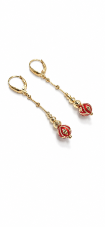 Cercei Lungi din Aur 14K cu Sfere Decorative Roșii [2]