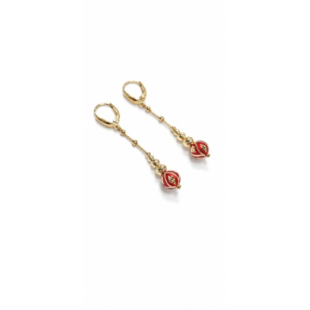 Cercei din Aur - Cercei Lungi din Aur 14K cu Sfere Decorative Roșii