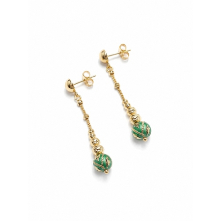 Cercei din Aur - Cercei Lungi din Aur 14K cu Sfere Decorative Verzi