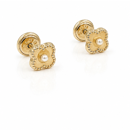 Bijuterii Fetite - Cercei copii din aur 14K, Floare cu Perlă – 5 mm, cu Șurub și Protecție