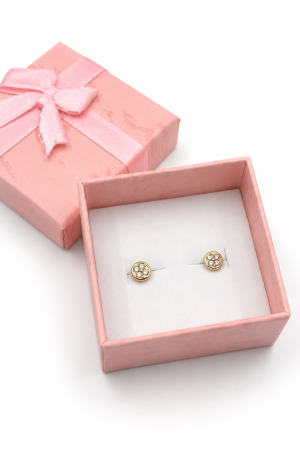 Cercei copii Rotunzi „4 Pietre Strălucitoare” din Aur 14K – 5 mm, cu Șurub și Protecție [1]