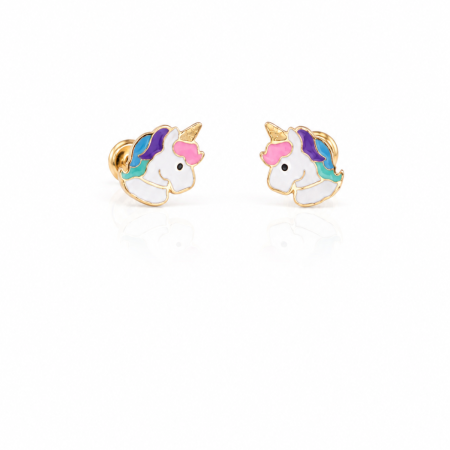 Bijuterii Fetite - Cercei copii „Unicornul Magic” din Aur 14K – 9 x 7 mm, cu Șurub și Protecție