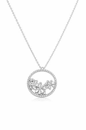 Lantisoare din argint - Colier Floral din Argint 925 cu Zirconii – Medalion 2 cm, Reglabil 42–47 cm