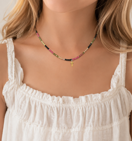 Colier Handmade cu Cruciuliță Galbenă din Argint și Cristale Multicolore [2]
