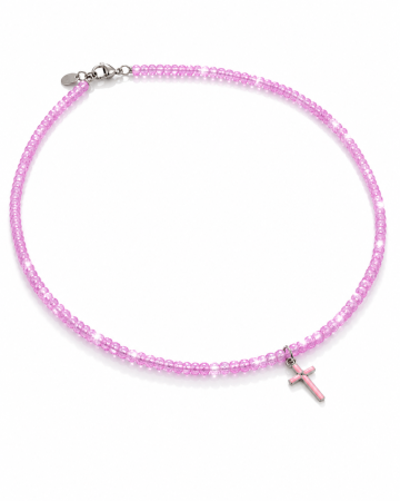 Coliere cu margele si Argint - Colier Handmade din Argint cu Cruciuliță Roz și Mărgele Fațetate