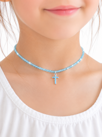Colier Handmade din Argint cu Cruciuliță și Mărgele Albastre [2]