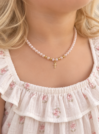 Cercei copii din Aur - Colier pentru Fetițe cu Mărgele Delicate și Cruce Aurie – Model Elegant