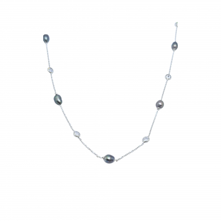 Colier cu Perle Negre din Argint 925 și Cristale Zirconia – 3.76 g, 43-48 cm [0]