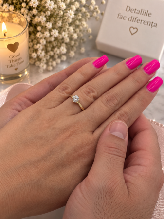 Inel de Logodnă din Aur Galben 14K cu Piatră Strălucitoare, Montură cu 6 Piciorușe – Model Elegant [1]