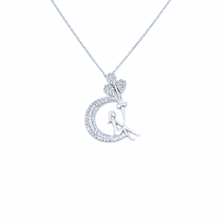 Lantisoare din argint - Lanț din Argint 925 cu Lună și Fetiță cu Baloane, Cristale Zirconia – 2.96 g, 40-46 cm
