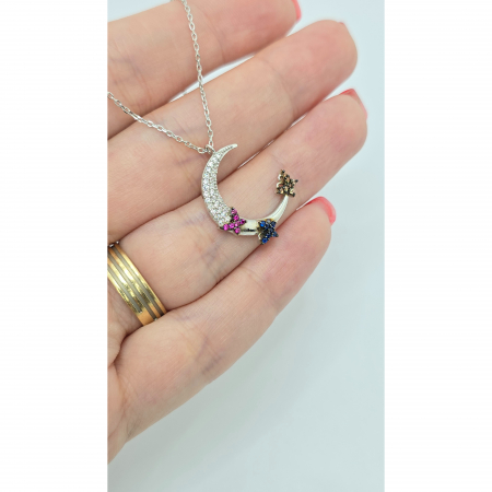 Lanț cu Semilună și Fluturași Colorati din Argint 925 cu Cristale Zirconia – 2.53 g, 42-45 cm [2]
