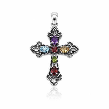 Medalioane argint - Pandantiv Cruce Vintage cu Pietre Multicolore din Argint 925