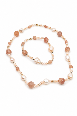 Coliere cu Perle Naturale - Set Colier & Brățară cu Perle Naturale și Pietre Semiprețioase Roz – Aur 14K Handmade IraGold