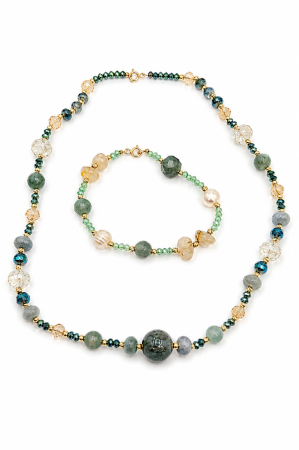 Coliere cu Perle Naturale - Set Colier & Brățară cu Pietre Semiprețioase Verzi, Perle Naturale și Aur 14K – Handmade IraGold