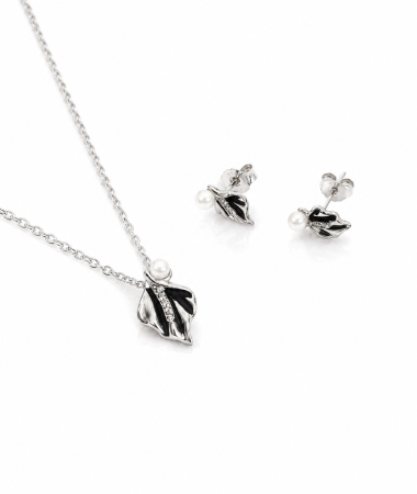 Seturi din argint - Set Delicat din Argint 925 cu Perlă și Motiv Floral – Colier și Cercei