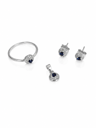 Seturi din argint - Set Delicat din Argint 925 cu Piatră Albastru Safir – Medalion, Inel și Cercei