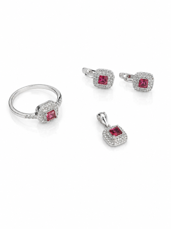 Seturi din argint - Set Elegant din Argint 925 cu Cristale Roz Rubiniu – Medalion, Inel și Cercei