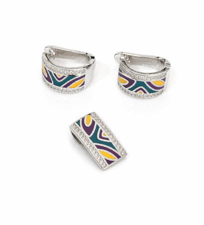 Seturi din argint - Set Elegant din Argint 925 cu Email Colorat și Zirconii – Medalion și Cercei
