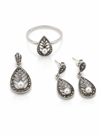 Seturi din argint - Set Elegant din Argint 925 cu Perlă și Marcasite – Inel, Cercei și Medalion