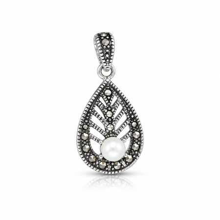 Set Elegant din Argint 925 cu Perlă și Marcasite – Inel, Cercei și Medalion [4]