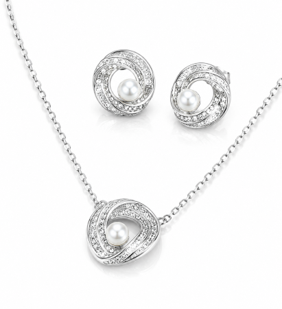 Seturi din argint - Set Elegant din Argint 925 cu Perlă și Zirconii – Colier și Cercei