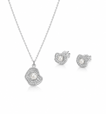 Seturi din argint - Set Elegant din Argint 925 cu Perlă și Zirconii – Medalion, Cercei și Lanț Reglabil