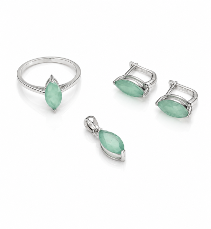 Seturi din argint - Set Elegant din Argint 925 cu Smarald Verde – Medalion, Inel și Cercei