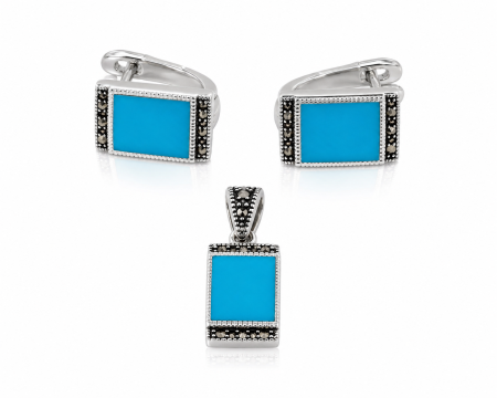 Seturi din argint - Set Elegant din Argint 925 cu Turcoaz și Marcasite – Medalion și Cercei